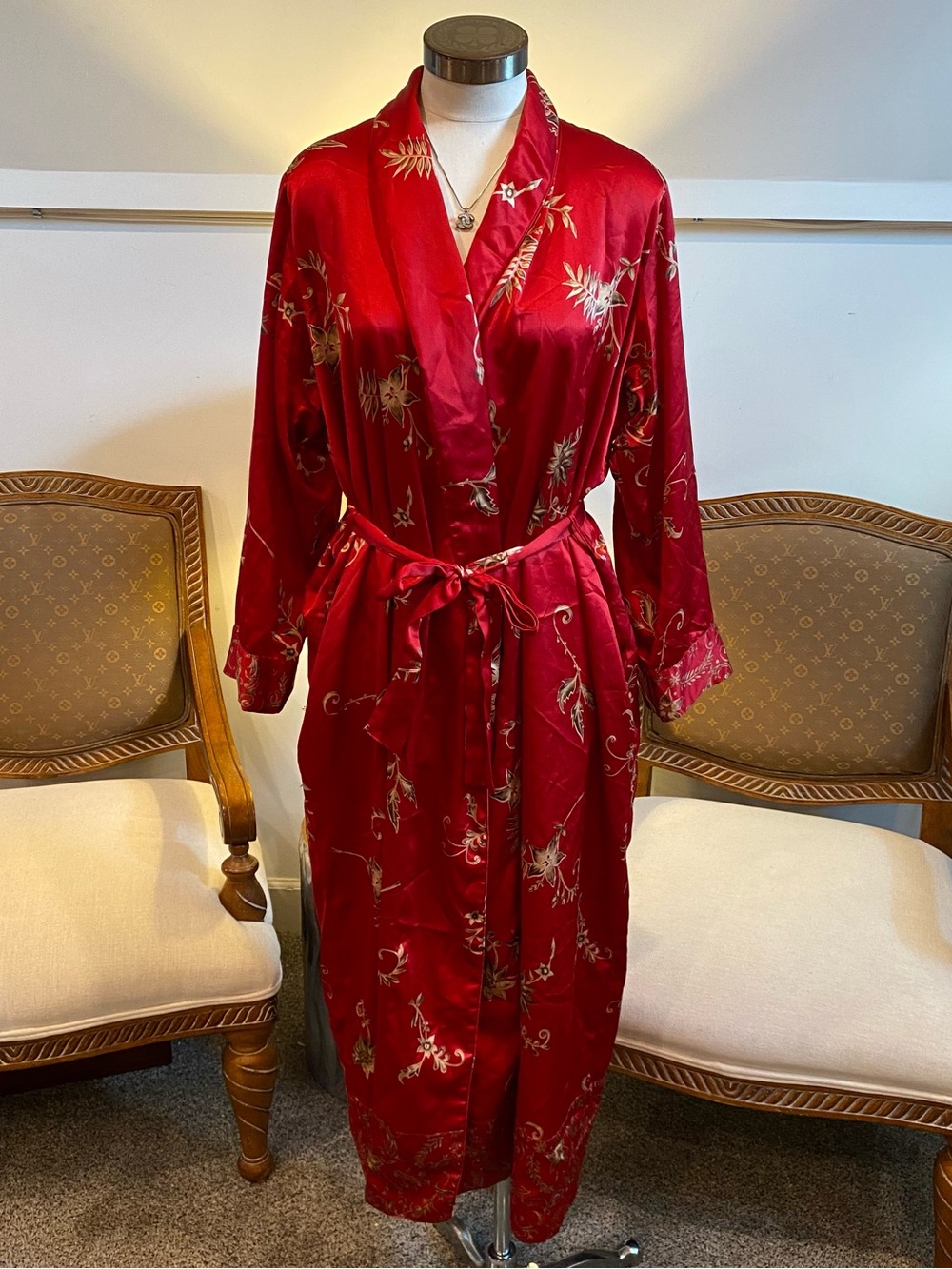 Vintage 90s Red Satin Kimono Robe SM Floral Botanical Gold Embroidered Look